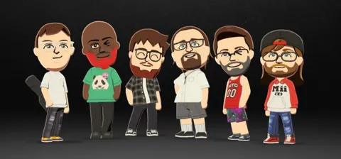 Stylized cartoon-avatar lineup graphic for Quick Save, showing the six band members as character portraits against a dark background.